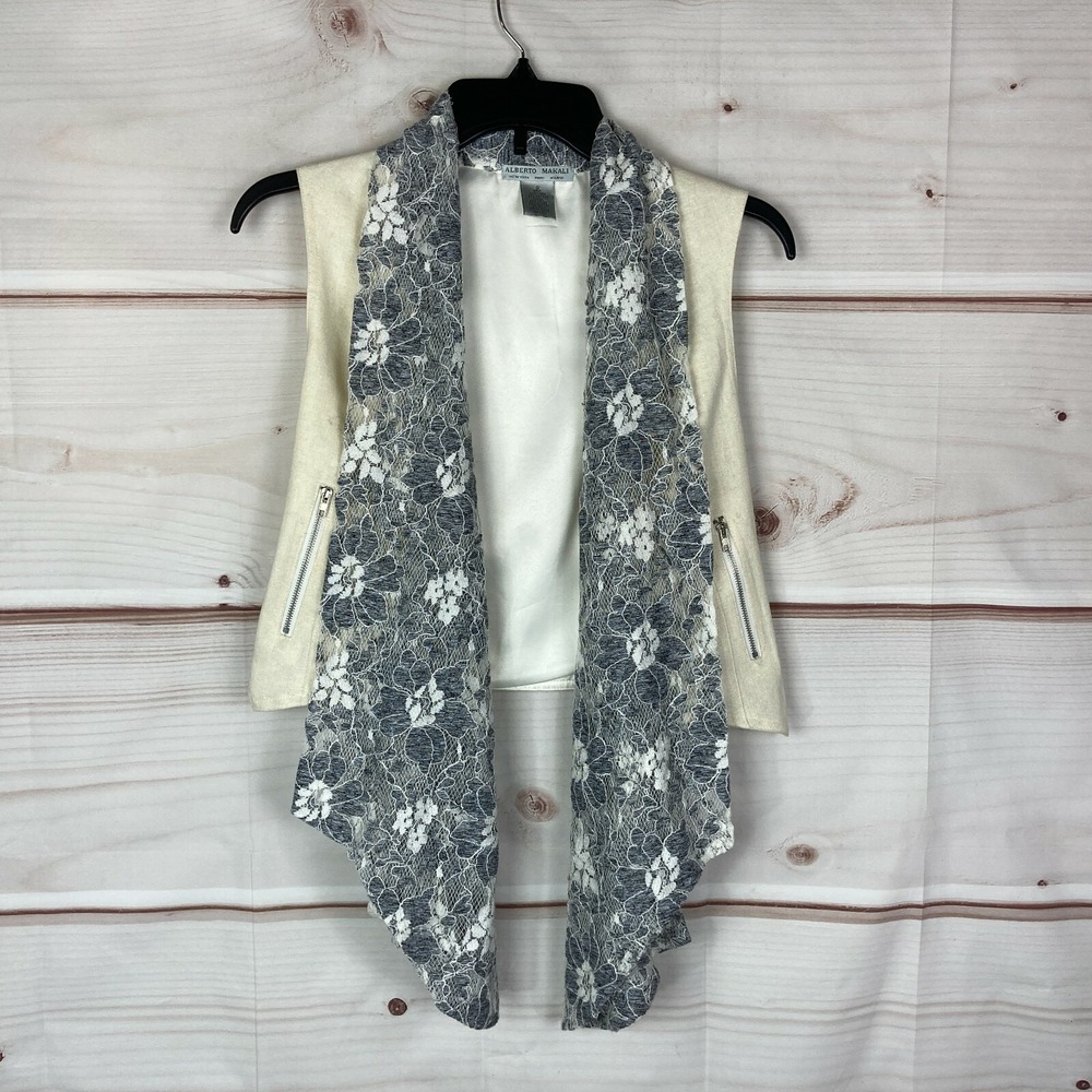 Alberto Makali Vest Women Small Ivory Open Front Waterfall Lace Trim Linen Blend